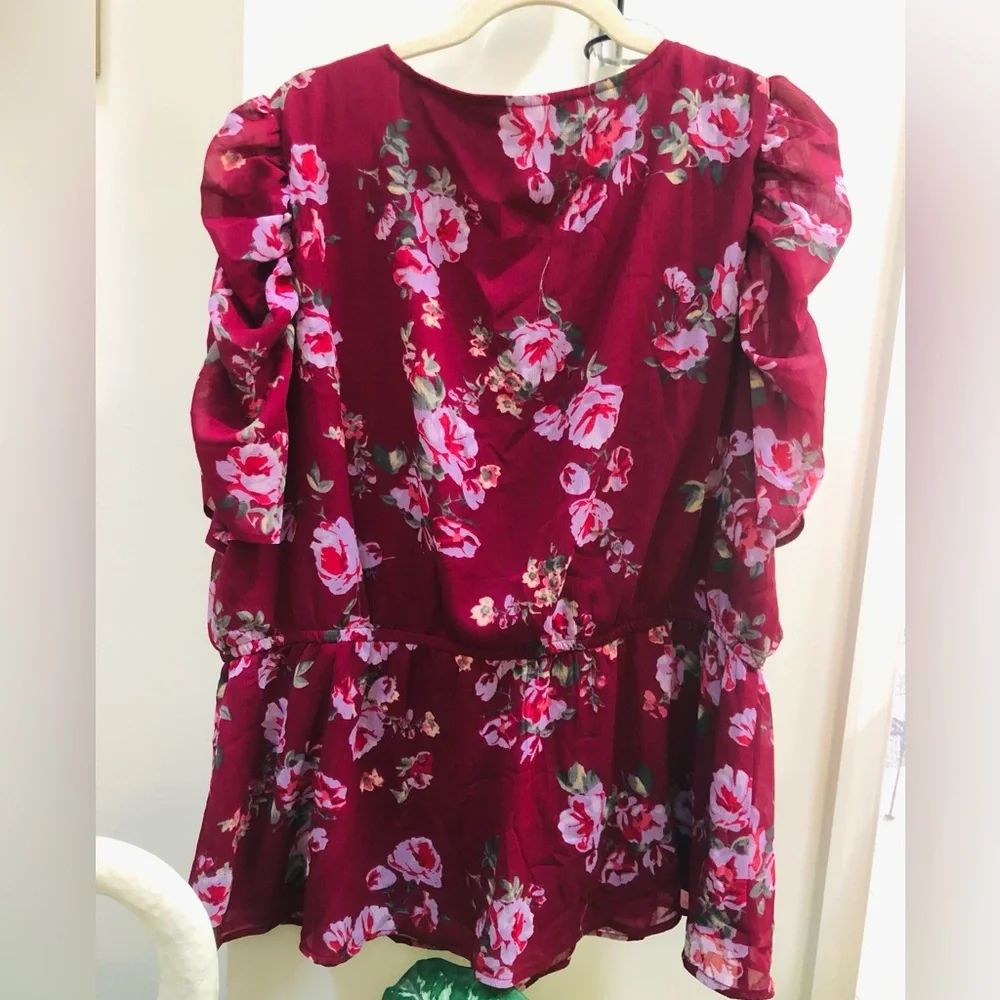 Maurices Burgundy Floral Wrap Looking Top with Frilly Sleeves - Picture 5 of 6